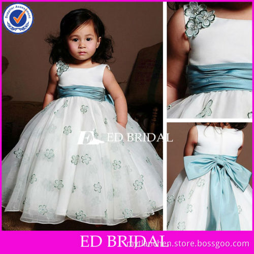 Embroider Full Length Bow Ruffle Organza Flower Girl Dress Girls Party Dress